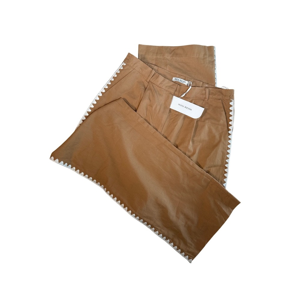 Mon Renn Lisle‎ Pant Biscuit Tan Cotton Wide Leg Ric Rac Trim Pants Womens L NEW